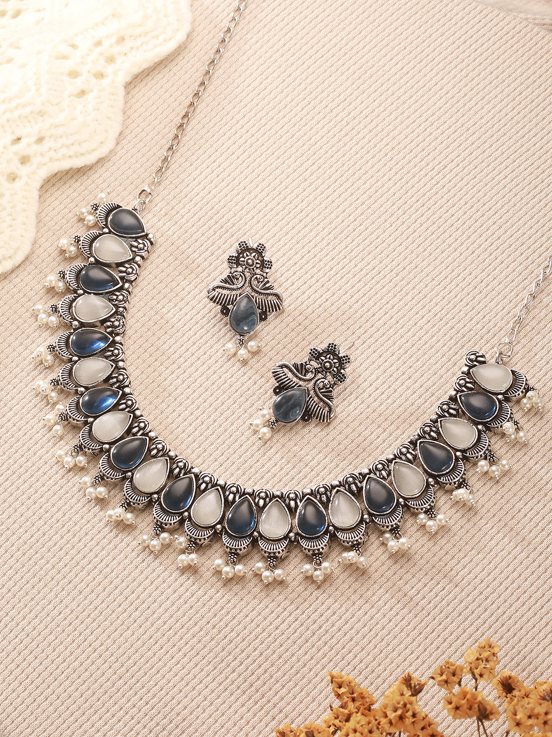 Oxidised Silver Toned Blue & white Stone Studded Statement Tribal Choker Jewellery Set